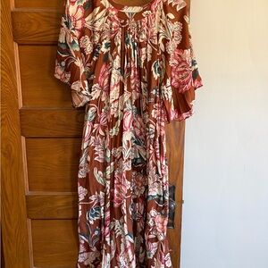 Anthropologie Brown Floral Maxi Dress with Pink & Green Accents